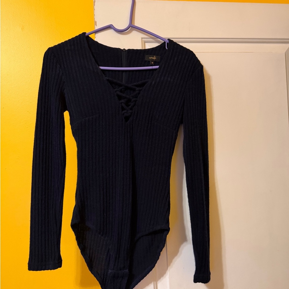 Elegant Black Lace-Up Ribbed Bodysuit